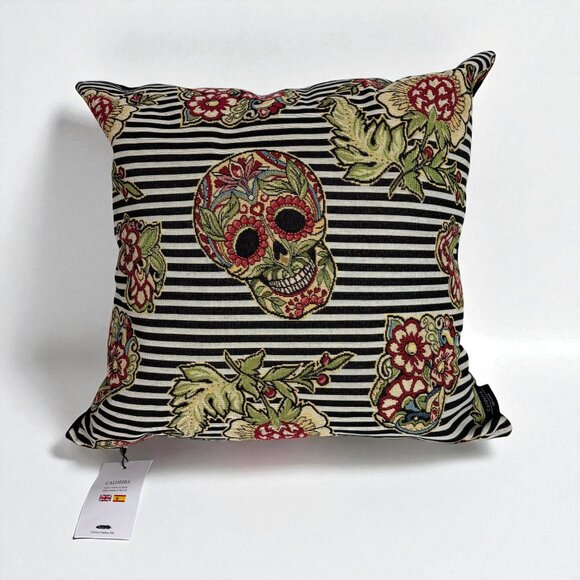 Caldeira Throw Pillow Black Tapestry Sugar Skull Day Of The Dead Feather Filled - Picture 1 of 9